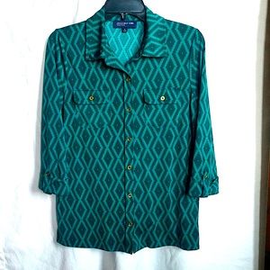Jones New York Signature Green & Black Button Down Blouse Size Medium